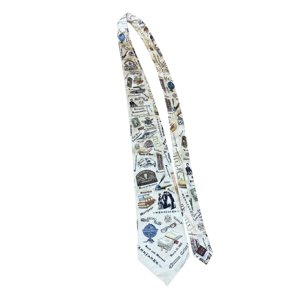 Museum Artifacts Necktie Mens OS Cream Legal Law History Silk Novelty Print